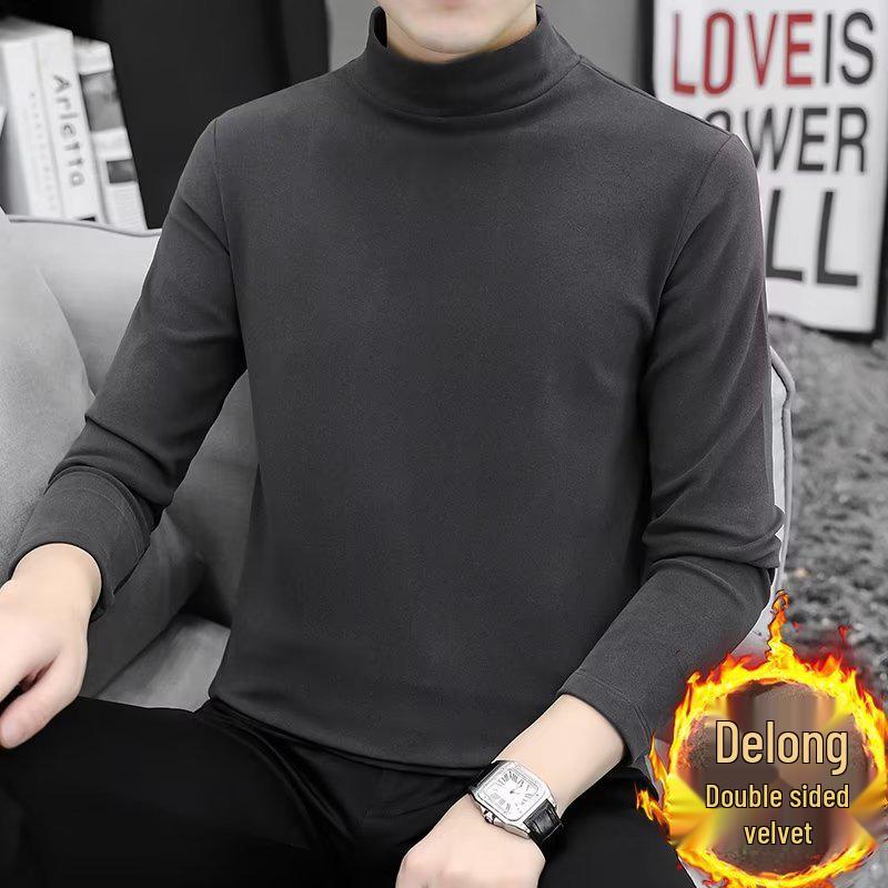 Men's Korean Fleece Set: Long Sleeve, Long Pants, High Neck, Double-Sided, Warm Base Layer for Autumn and Winter