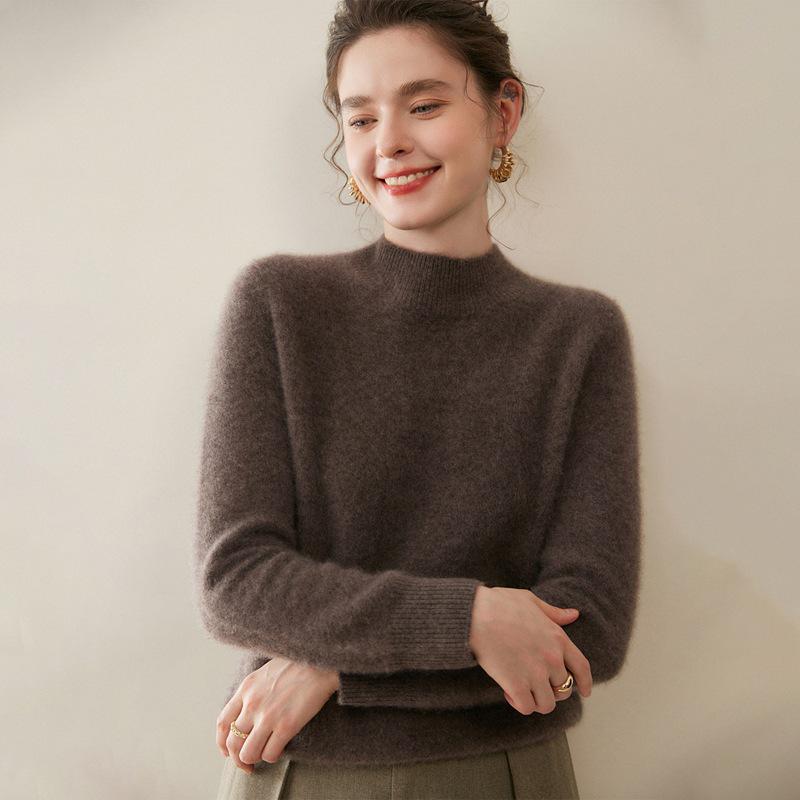 Women's Thickened Cashmere Long Sleeve Pullover - Half-High Neck, 100% Pure Knit for Autumn/Winter