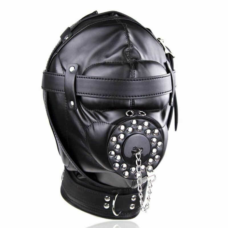 Black Full Hood Mask Plug Headwear Kink Fetish Restraints Hoods