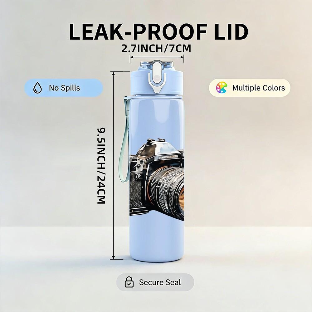 1PC Retro Camera Photo Pattern 750ml Color Plastic Sports Water Bottle Leakproof Flip Straw Lid Suitable for Sports Office Home Use