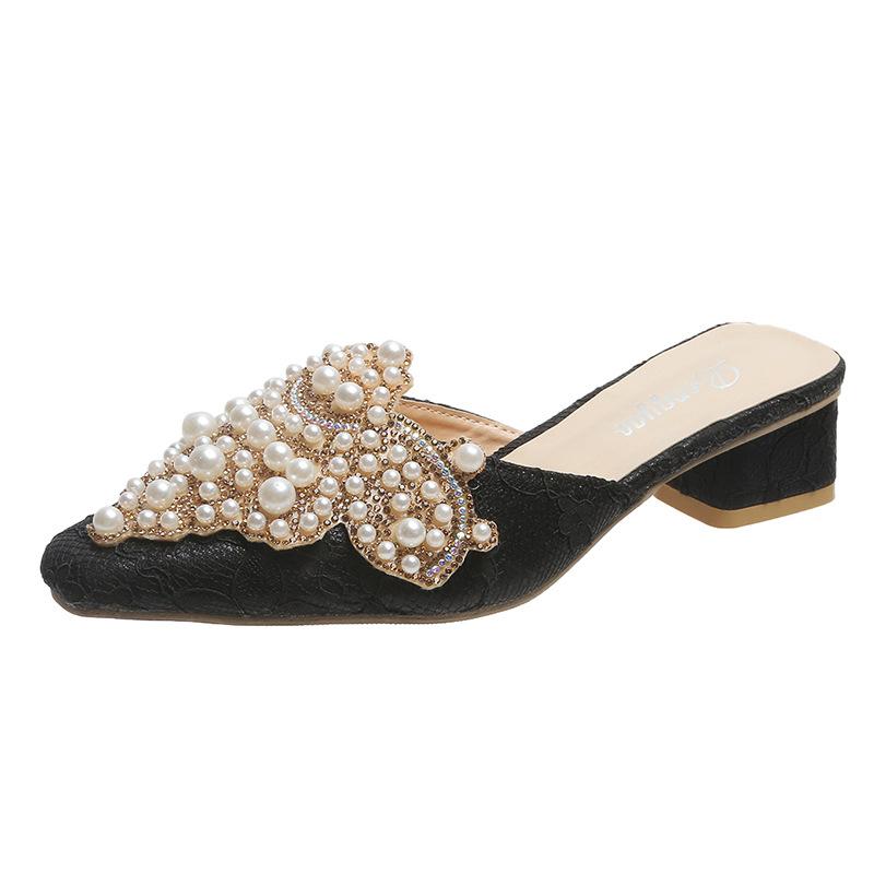 Роскошные мюли с жемчужными украшениями, элегантные женские босоножки с острым носком, кружевные босоножки, шикарные вечерние туфли на плоской подошве с нитками и бусинами