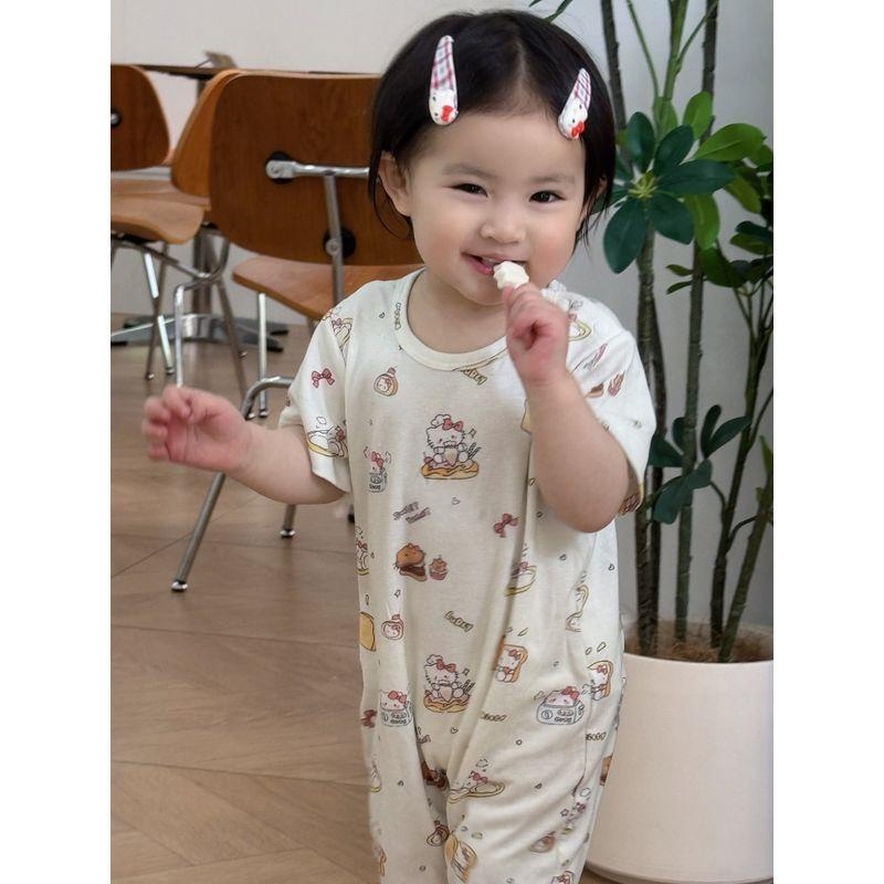 Cute Cartoon Cat Print Short-Sleeved Modal Romper for Infants and Toddlers in Summer