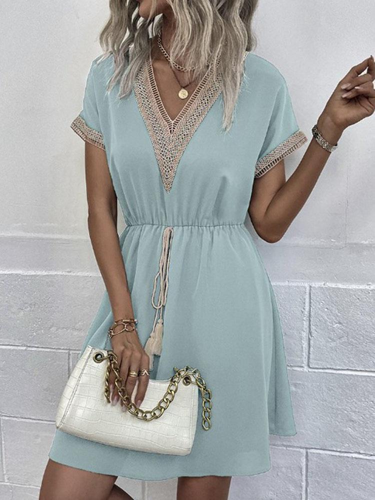 Women's Dresses Summer Fashion Lace Lace Stitching V Neck Loose Lace Up Bohemian Vacation Woman Basic Short Sleeved