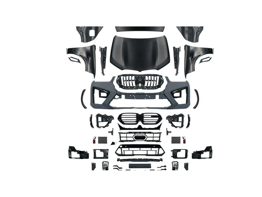 BMW E71 to G06-X6M Conversion Kit: Front/Rear Bumpers, Headlight Brackets, Fenders, and Engine Hood.