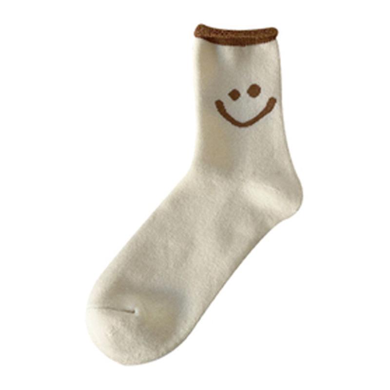 Теплые махровые носки женские плюшевые утолщенные средние носки-трубы модные милые универсальные носки-полотенце со смайликом