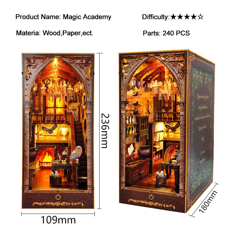 DIY Book Nook Wooden Miniature Model Kits Magic Academy Casa Bookend 3D Puzzle With Light Bookshelf for Friends Birthday Gifts