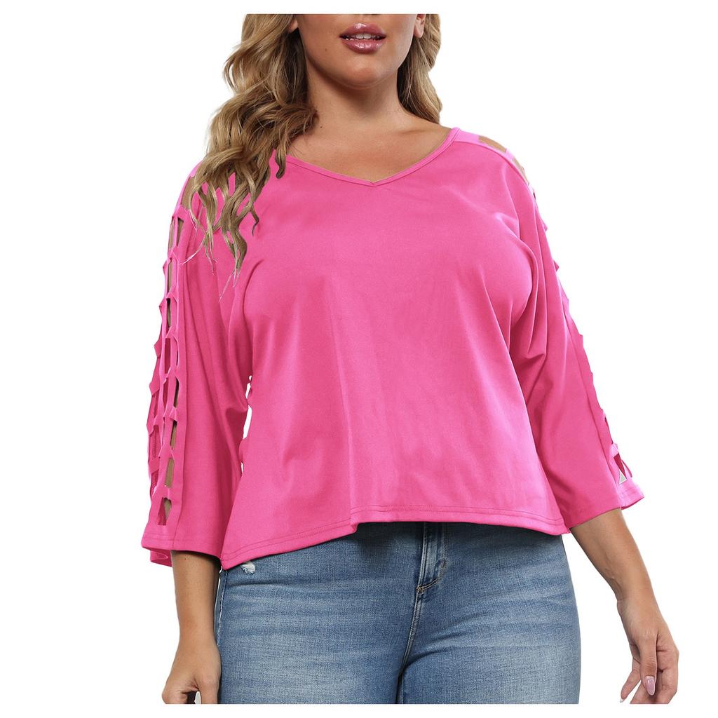 Женский летний повседневный модный сексуальный удобный свободный топ большого размера с полым v-образным вырезом, однотонный топ с рукавами три четверти