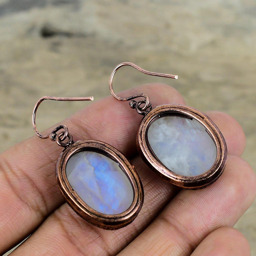 Серьги из радужного лунного камня, медные серьги, изготовленные методом гальванопластики, ювелирные изделия из натуральных драгоценных камней, серьги ручной работы, ювелирные изделия из гальванической меди, подарки для мамы