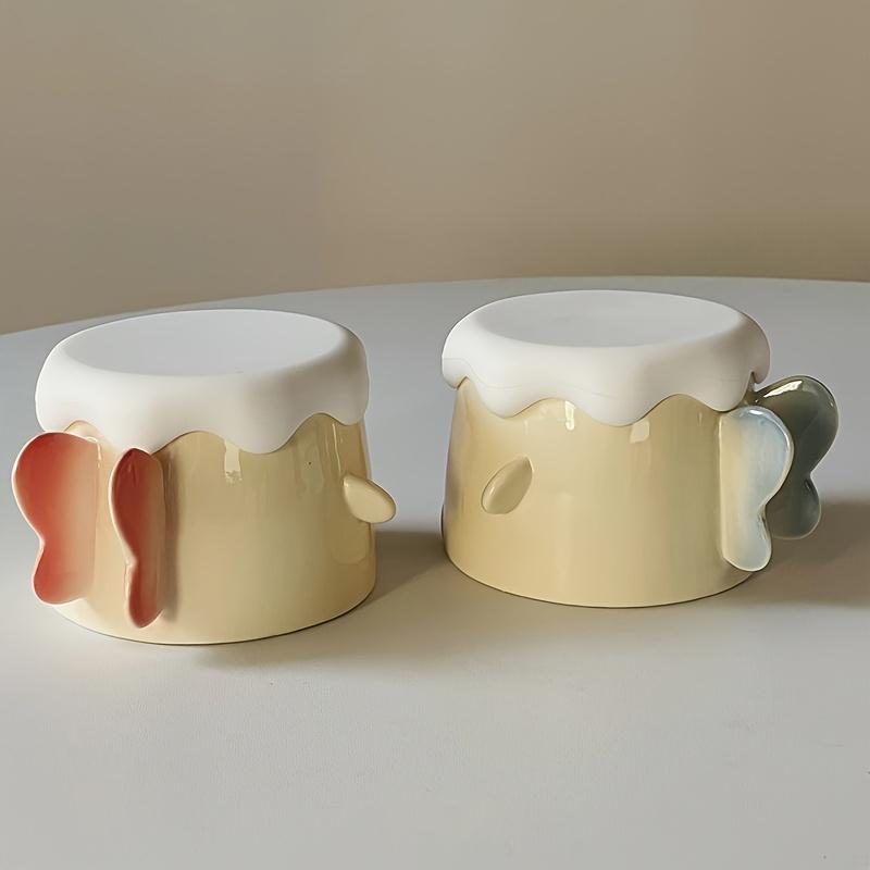 1pc Ceramic Angel Cake Coffee Mug with Lid, Cute Cake Shaped Mocha Cup, Creative Angel Wings Handle Design, Suitable for Home Decor