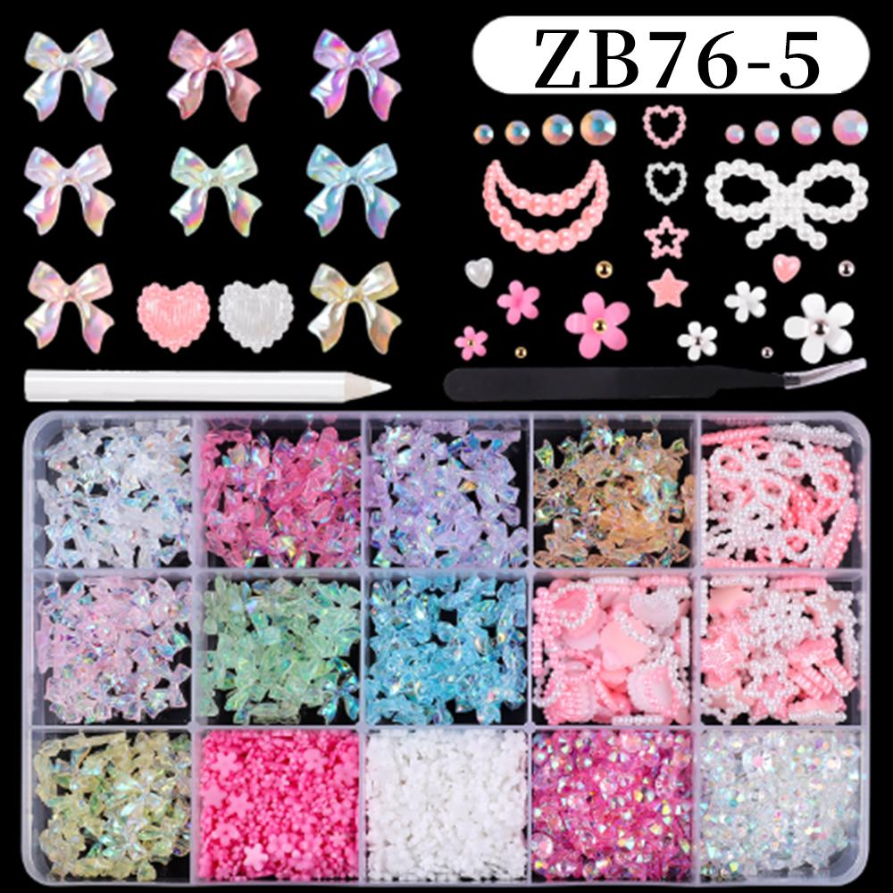 Kawaii Colorful Mixed Resin Rhinestone Nail Art Charms Bowknot Pearls Kit DIY Manicure Decorations Box With Wax Pen Tweezers