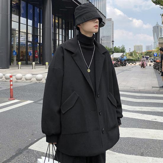 Мужское шерстяное пальто с лацканами, длинный рукав, однобортная ветровка, однотонное свободное пальто средней длины с карманами, официальная одежда