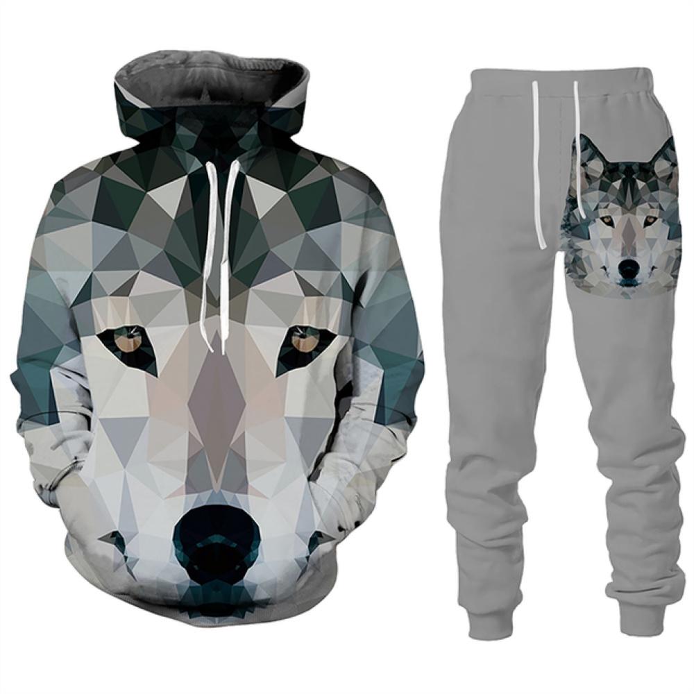 Модная уличная одежда, мужские комплекты, спортивные костюмы, новые мужские толстовки с принтом волка и спортивные штаны, костюм из двух предметов, повседневная мужская одежда с капюшоном