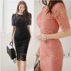 2025 Korean Style Lace Elegant Slim Dress - Short Sleeve, Medium-Long Length