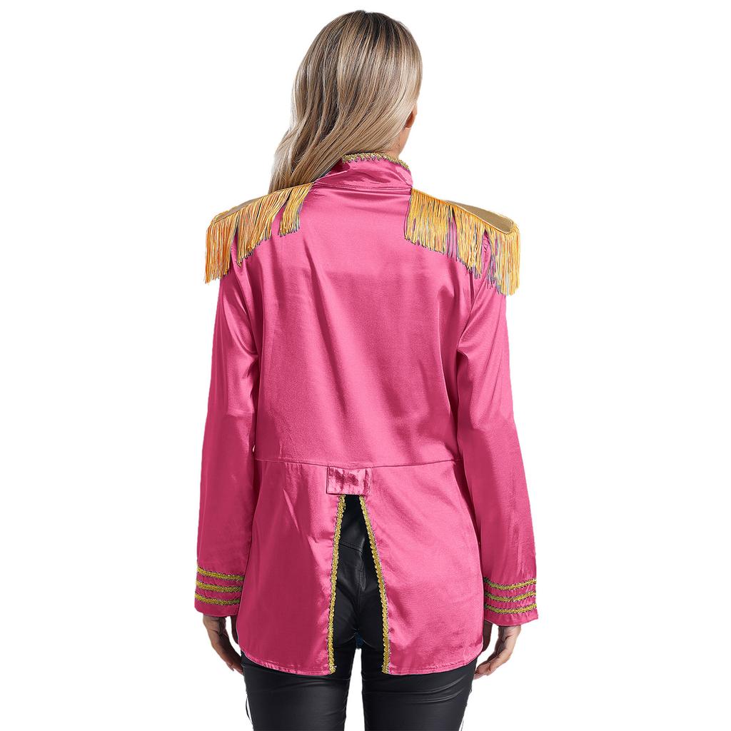 Womens Halloween Medieval Style Outerwear Tassel Shoulder Pads Gold Trim Front Zip Satin Jacket