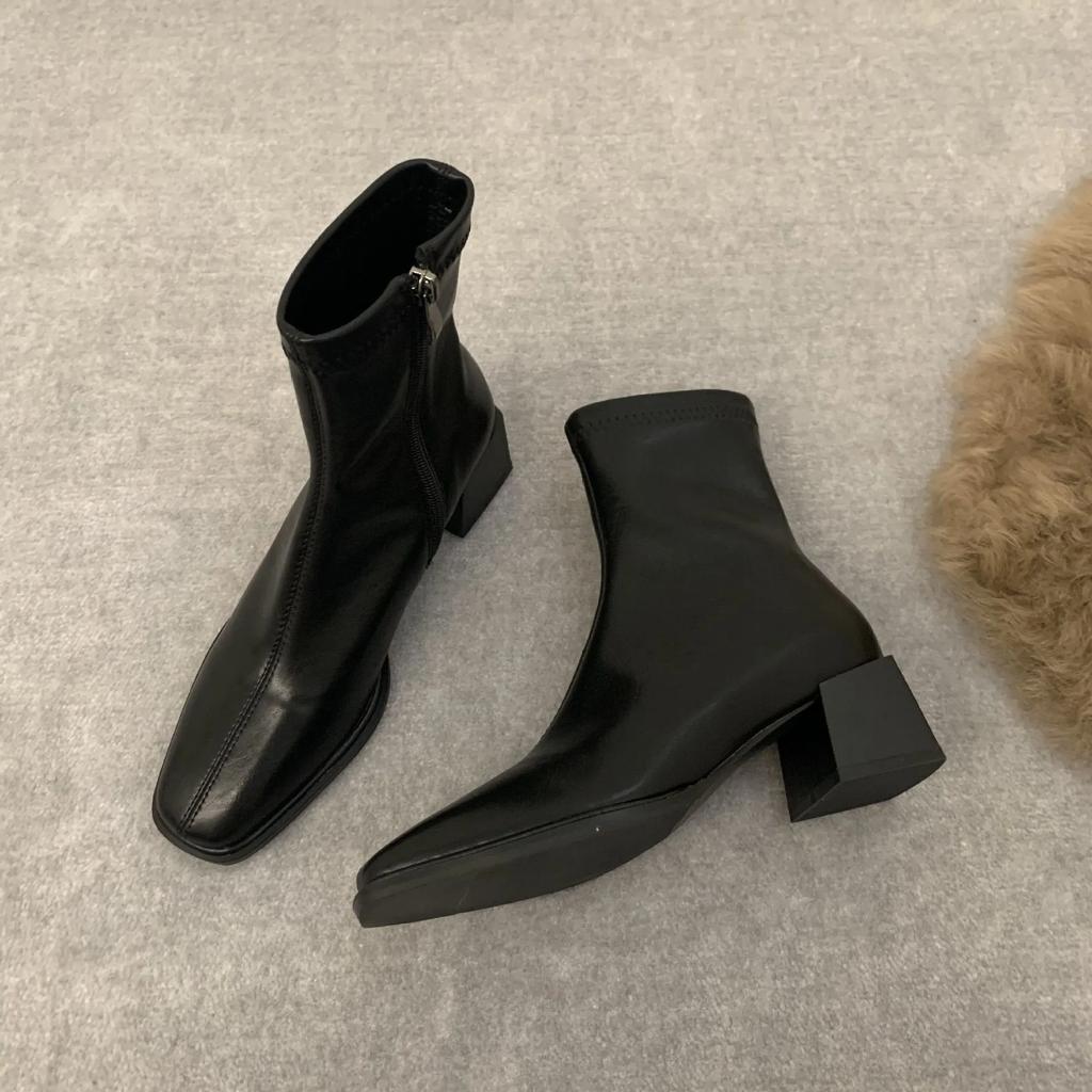 Женские ботильоны с квадратным носком, флоковые эластичные туфли на тонком среднем каблуке, черные/коричневые/бежевые, с застежкой-молнией сзади, женские размеры 35-40