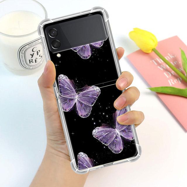 Beauty Pink Butterfly Luxury Case For Samsung Galaxy Z Flip 3 4 5g Funda Z Flip3 Clear Pc Hard Shockproof Back Phone Coque Shell