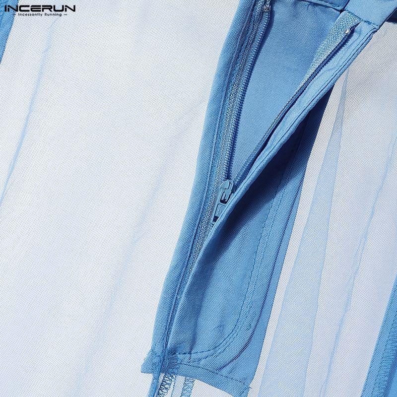 INCERUN Мужские брюки с широкими штанинами, на молнии, с сетчатой полупрозрачной вставкой на талии