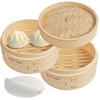 WISH SUN Bamboo Steamer, 2-Tier, Chinese Steamer, Natural Bamboo, Perfect for Steaming Dishes Like Xiaolongbao and Chawanmushi, 18cm Deep, Includes 2