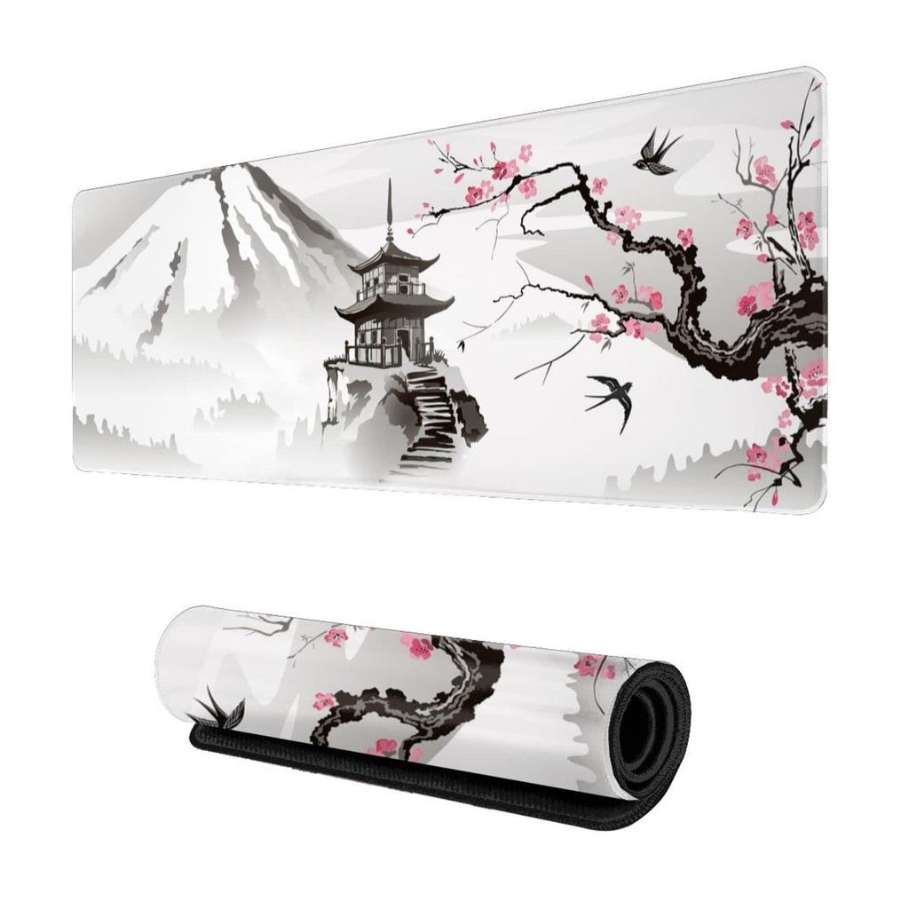 Japanese Cherry Blossom White Gaming Mouse Pad XL Extended Large Mouse Mat Desk Pad Stitched Edges Mousepad Long Nonslip Rubber Base Mice Pad 31.