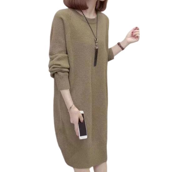Женское платье-свитер с круглым вырезом, вязаное однотонное свободное эластичное платье с длинными рукавами и толстым теплым пуловером длиной до середины икры, женское осеннее платье миди