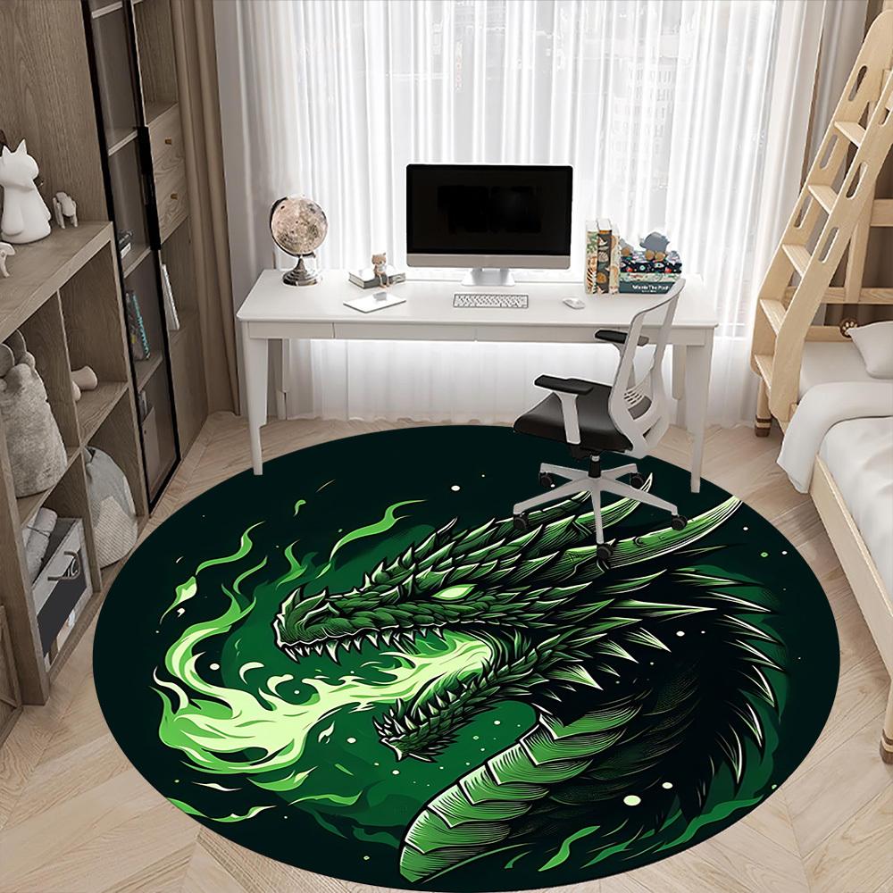 1pc Green Dragon Illustration Carpet, Round Non Slip Durable Large Size Office Carpet, Suitable for Office