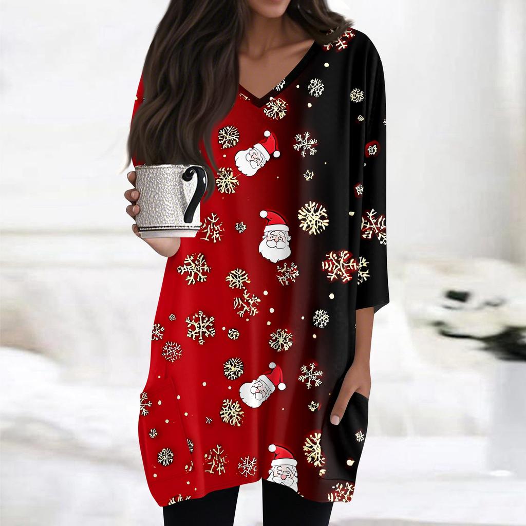 Женские топы с V-образным вырезом и рукавом 3/4, повседневные блузки средней длины, модные туники с рождественским принтом и карманами