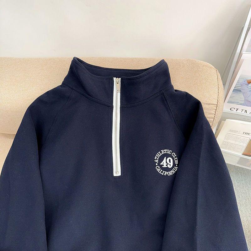 Женский ретро свитер с вышивкой на молнии до середины груди, со стойкой, осенне-зимний пуловер с длинным рукавом и плюшевой подкладкой