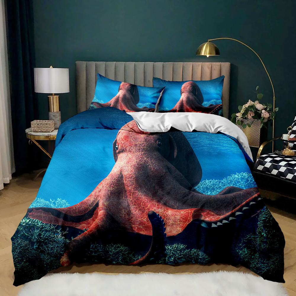 Cartoon Octopus Duvet Cover Set King Queen Size Sea Animal Bedding Set Red Blue 3D Print Microfiber Polyester Comforter Cover