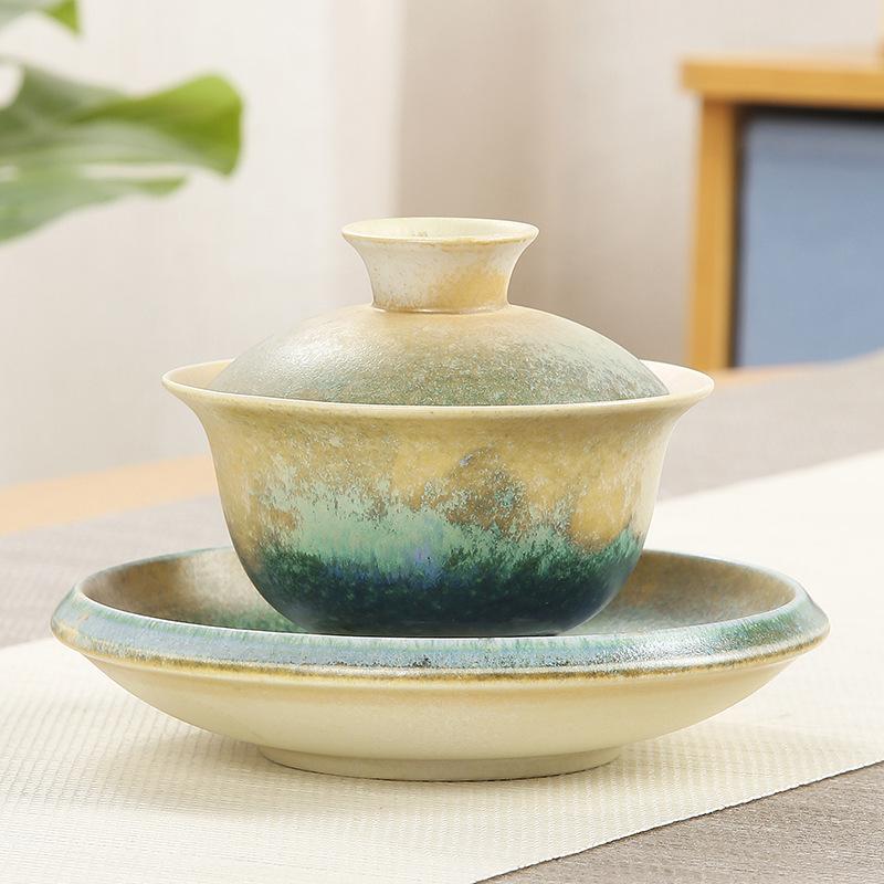 Японская керамическая пиала Санцай с крышкой, каменная гайвань, бытовой китайский чайный набор для кунг-фу, чайница, чайная посуда, чашки с узором