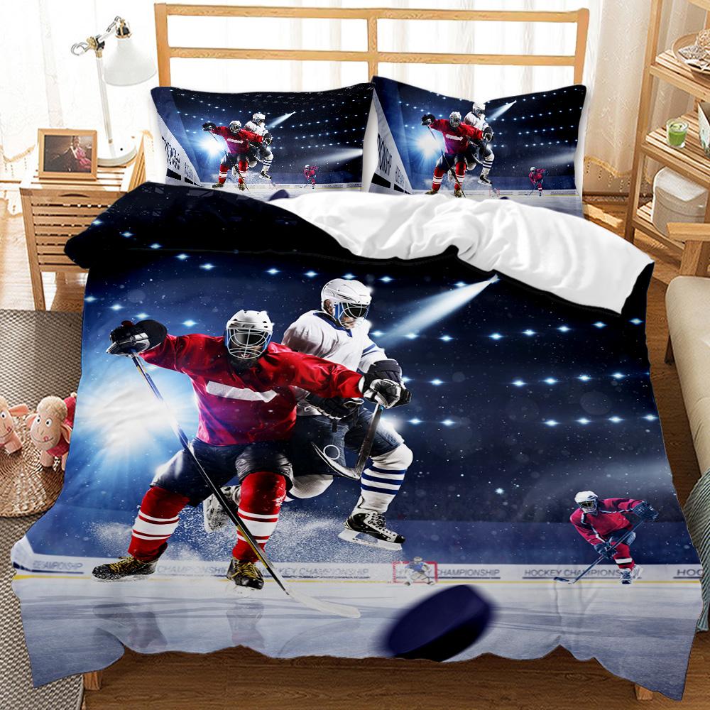 Ice Hockey Duvet Cover Twin Hockey Sports Player Bedding Set Winter Extreme Sports Game Comforter Cover Set Sports Arena Bedding