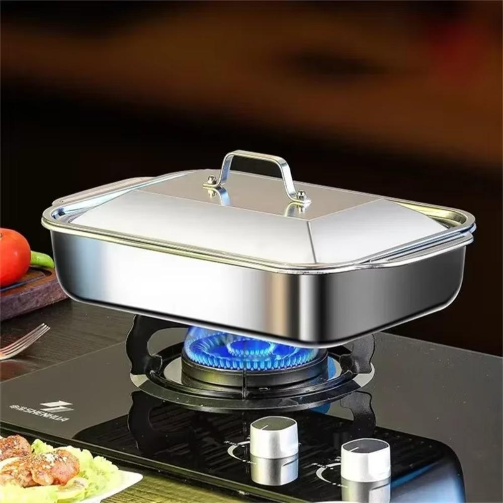 With Lid Grilling Tray Stainless Steel Grilled Fish Plate BBQ Plate Roaster Pan Oven