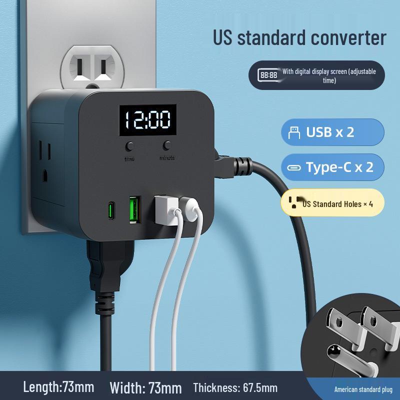 US Standard Socket USB Power Strip with Time Display - Canada Converter Cube
