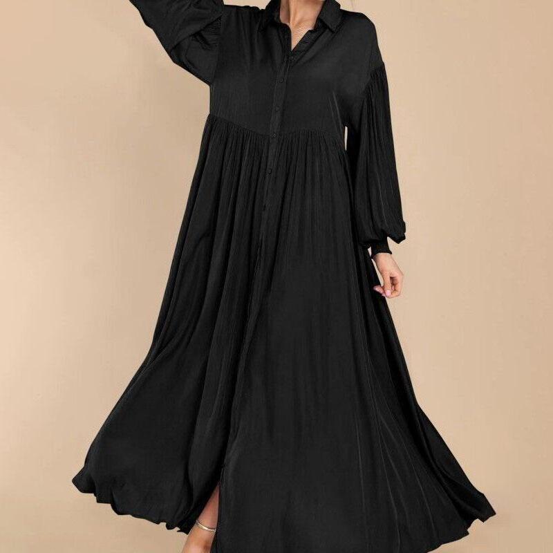 S-5XL Женские повседневные однотонные плиссированные удлиненные платья с длинными рукавами и пуговицами с лацканами