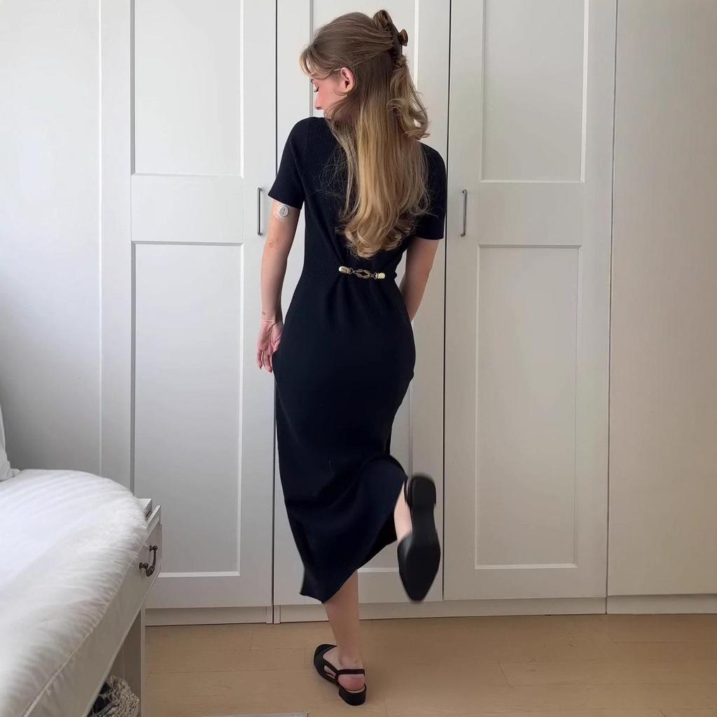 Летнее трикотажное платье с коротким рукавом и отложным воротником, приталенного силуэта, для европейских и американских женщин, 2025