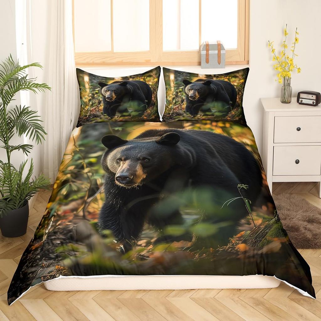 Пододеяльник с изображением медведя King Nature Smoky Mountain Комплект постельного белья Черно-серый Покрытие для одеяла с изображением деревьев Полиэстер Покрытие для одеяла с 2 наволочками