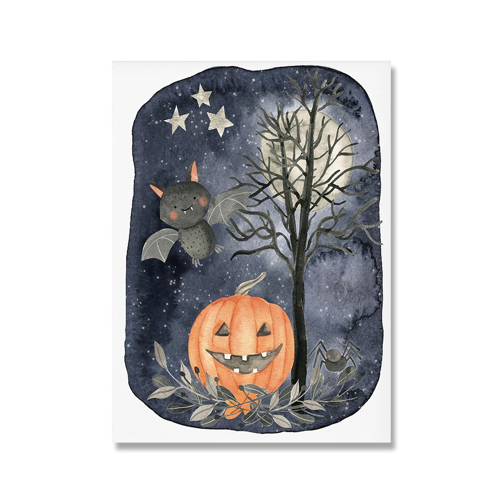 Bat and Jack Lantern Halloween Wall Art Canvas Painting Cute Black Cat And Ghost Poster Wall Picture for Kids Halloween Decor