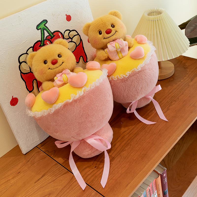 Cute Butter Bear Plush Toy Doll Transform Into A Bouquet Pillow Doll Chinese Valentine's Day Gift