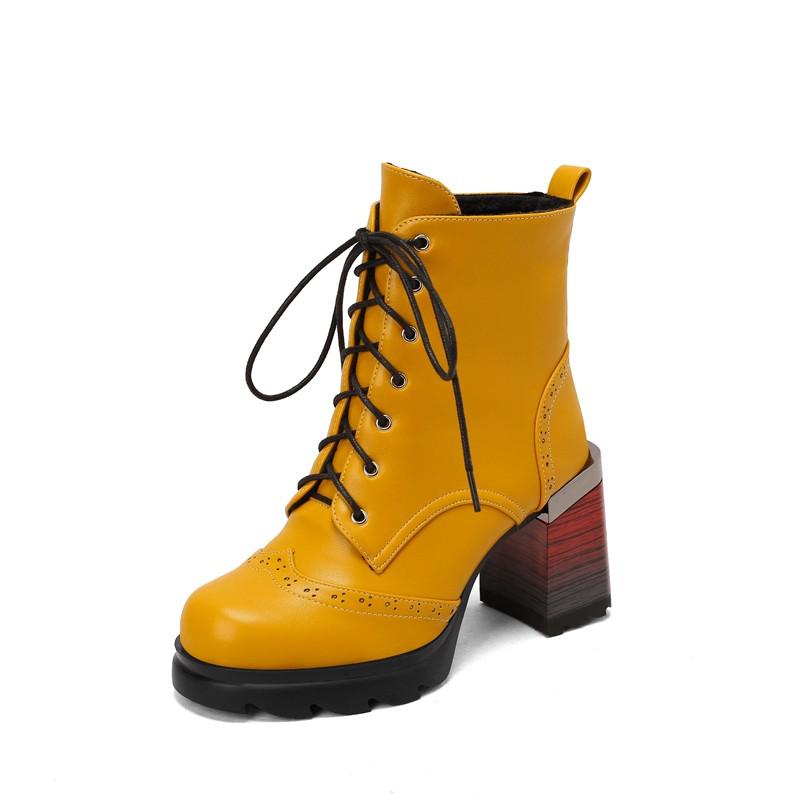 Большие размеры 43 44 Черный Желтый Дизайн Мода Осень Зима Винтаж Броги Платформа Шнуровка Мотоциклетные Ботильоны Принт Каблуки Новые