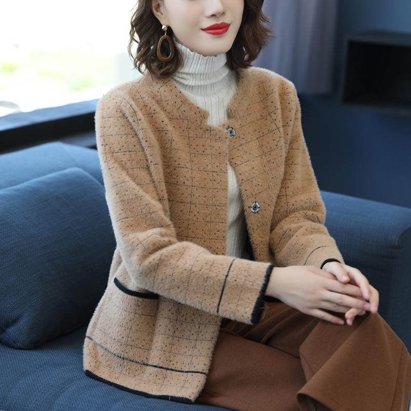 Осенне-зимняя клетчатая куртка из искусственной норки, женский короткий кардиган с длинными рукавами, весенне-осеннее модное пальто