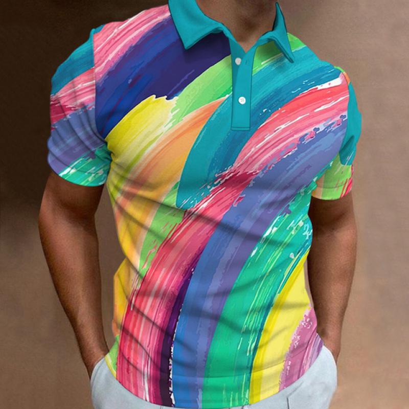 New Men'S Polo Shirt 3d Rainbow Printed Men Clothing Summer Casual Short Sleeved Loose Oversized Shirt Street Fashion Tops Tees