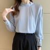 Elegant Solid Office Ladies Satin Casual Shirt Women Long Sleeve Tops Stand Collar Beading White Blouses Women Korean Style Slim Simple Blouse 26070