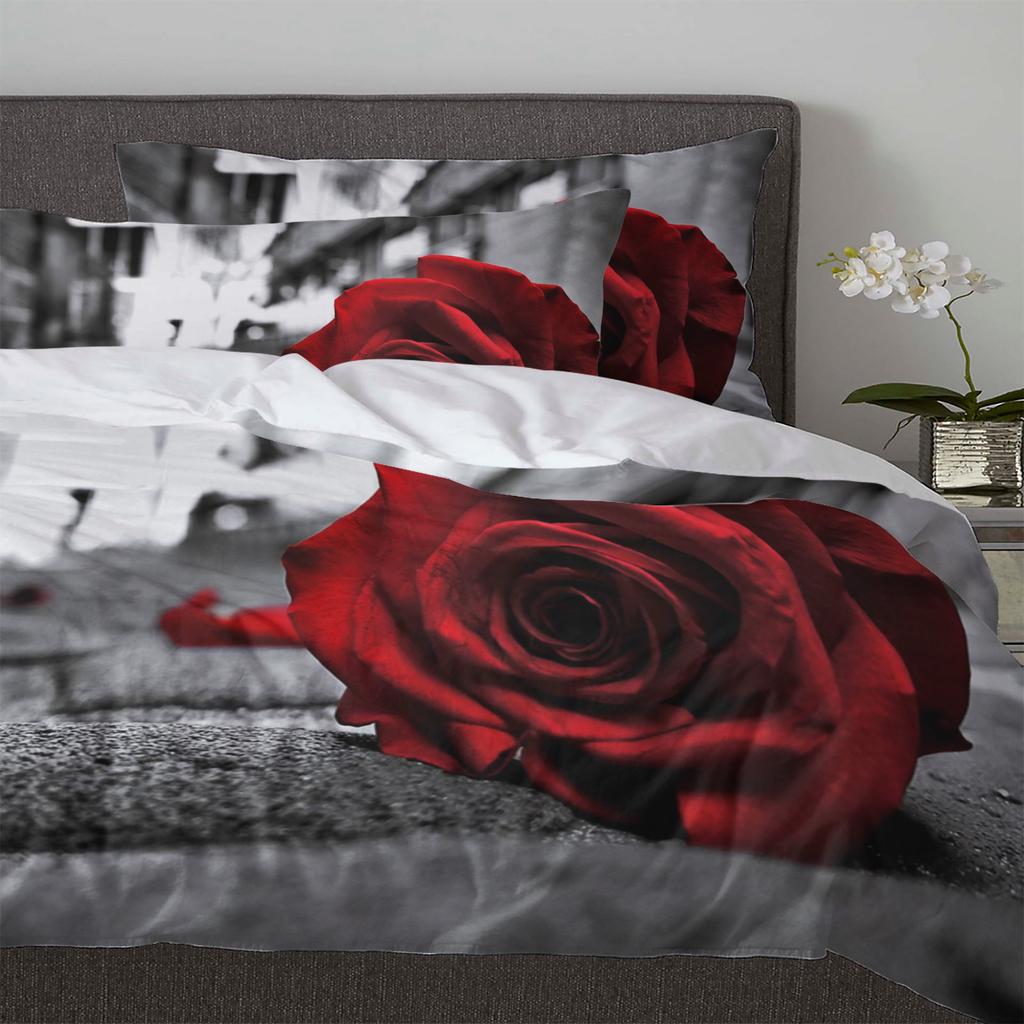 Rose Red Flowers Retro Street Duvet Cover With Pillow Case Custom 3pcs Bedding Set Quilt Cover Double Bed Home Textile