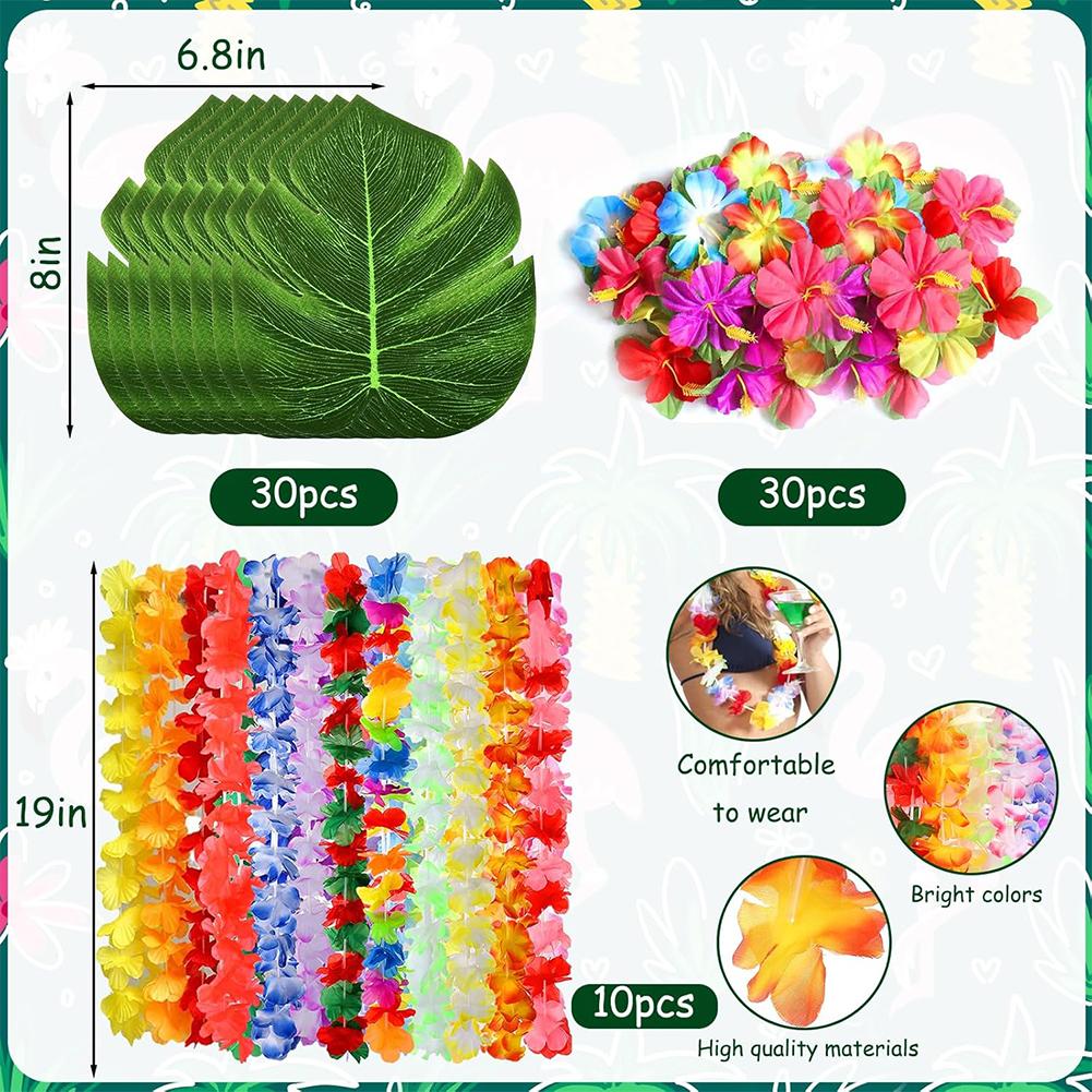 70 Pcs Hawaiian Luau Leis Decorations Supplies -Hibiscus Flowers Necklace Simulation Leaf Tropical Party Decoration Supplies