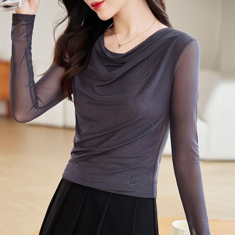 Осенняя элегантная блузка для похудения, женская сетчатая рубашка с длинным рукавом, модная облегающая футболка с драпировкой и воротником, базовая рубашка