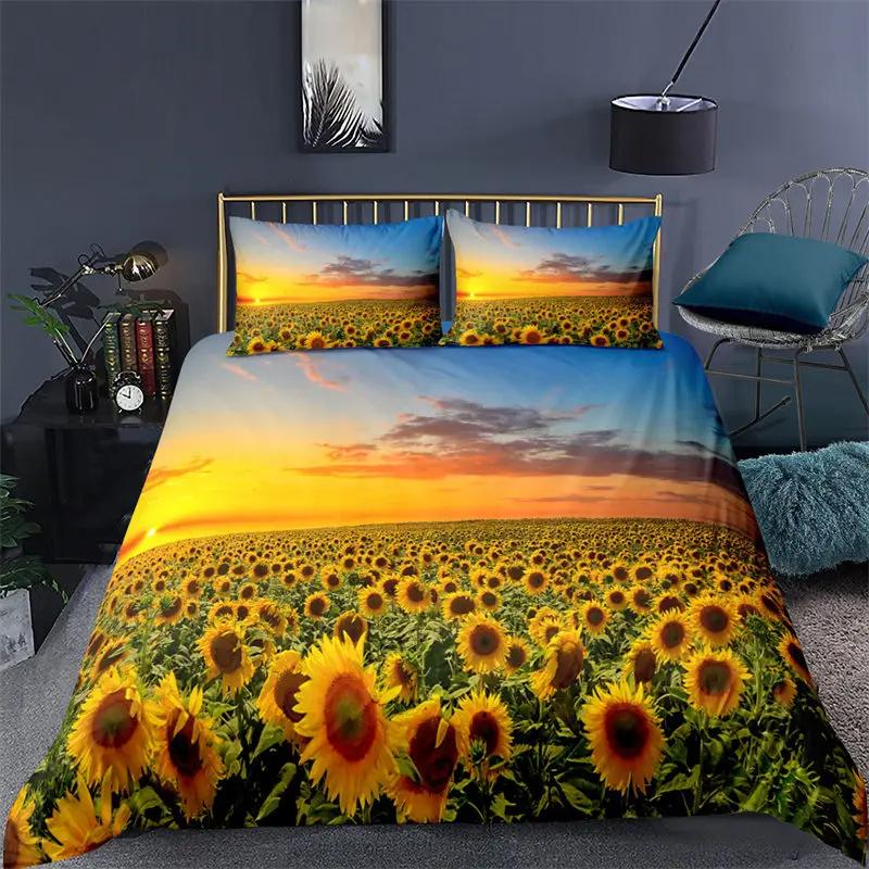 Sunflower Bedding Set Modern Microfiber Yellow Flowers Print Duvet Cover Alluring Sunflowers Summer Inspired Design Quilt Cover
