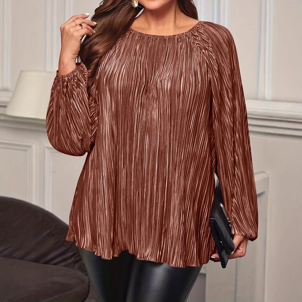 Women's Fashion Plus Size Solid Color Round Neck Long Sleeved Loose Casual T-shirt Top