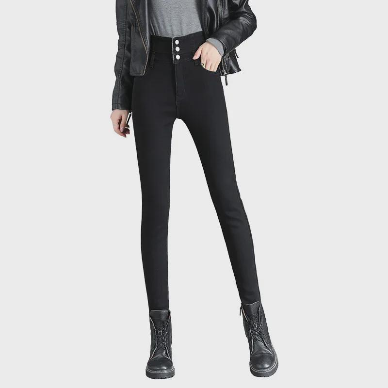 Женские джинсы с высокой посадкой в корейском стиле с плюшем - Эластичный деним облегающего кроя для осени и зимы 2022