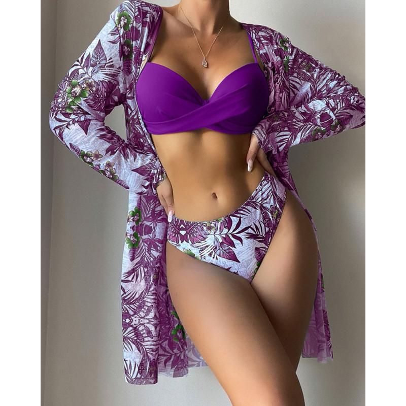 Women Floral Print Bikinis Set Sexy Three Piece Beach Cover Up Push Up Summer Long Sleeve Twist Swimwear Bathing Suit