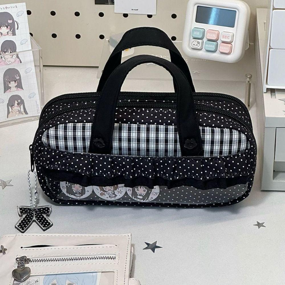 Handheld Pencil Case Plaid Polka Dot Stationery Bag Aesthetic Stationery Organizer  Students