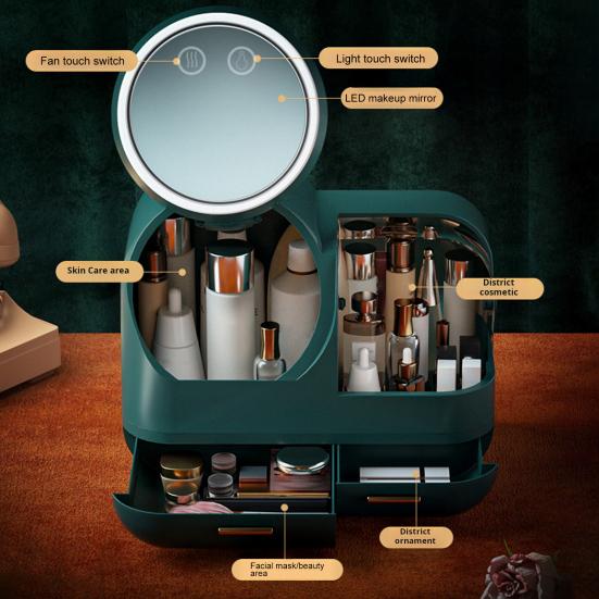 Yousheng Dustproof Makeup Storage Box with LED Mirror Large Capacity Multiple Compartments Countertop Makeup Storage Organizer